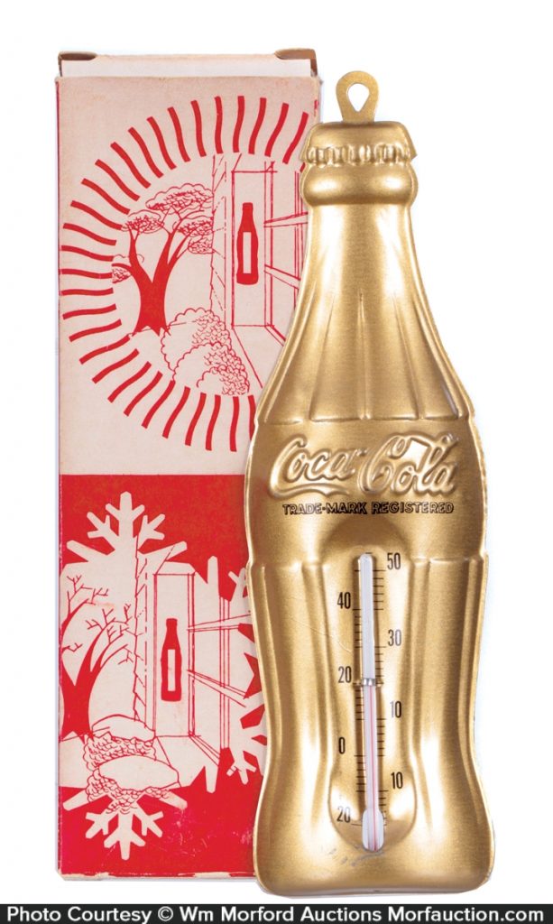 CocaCola Gold Bottle Thermometer • Antique Advertising